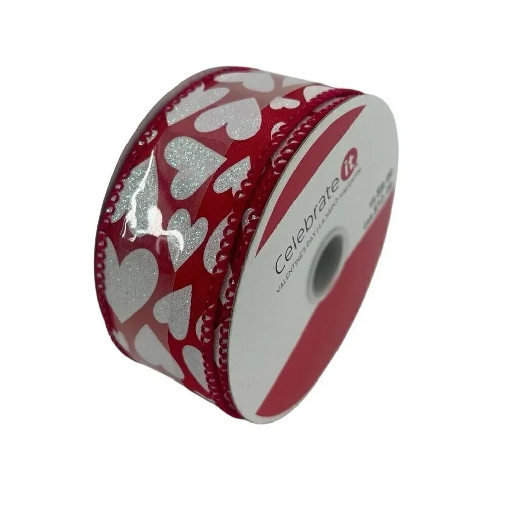 Celebrate It Valentine’s Day Red White Glitter Hearts Wired Ribbon 1.5” Wide